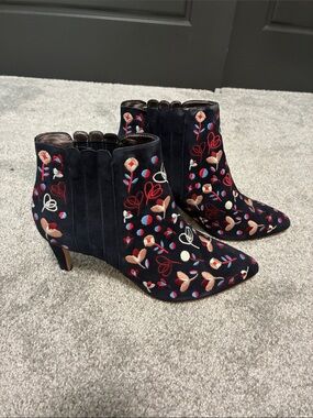Boden Navy Embroidered Floral Ankle Boots